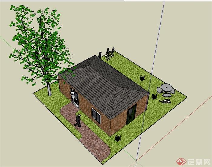 某带庭院单层住宅建筑设计su模型