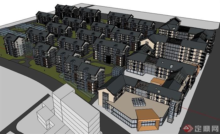 现代中式多层住宅小区以及配套商业办公建筑设计su模型