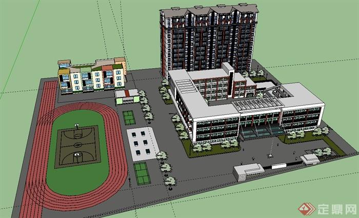 某学校建筑设计su精致模型,包含了学校单栋建筑的设计和部分景观布置