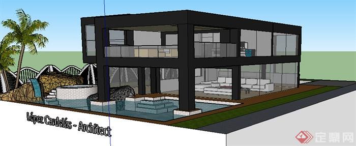 现代风格两层玻璃外立面住宅建筑带游泳池设计