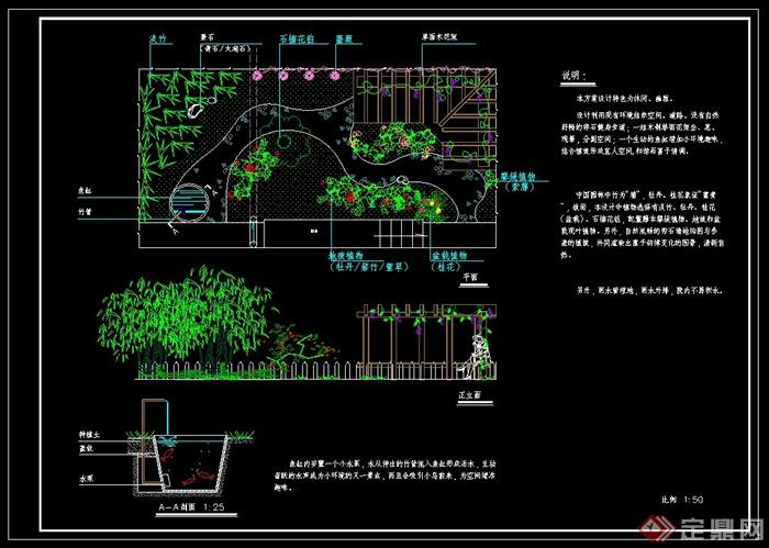 景观设计施工图,内容包含了花园平立剖面图,标注详细,带有设计说明