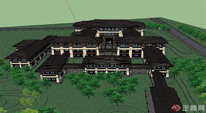 某东南亚风格温泉酒店旅游景观规划设计SU模