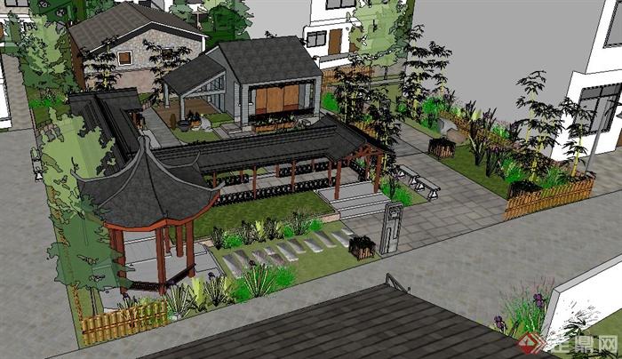 新农村住宅区中式公园景观设计su模型
