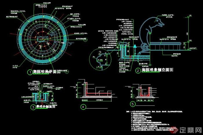 plans]   园林景观海豚喷泉水景施工图,造型美观,图纸包括平面图,剖