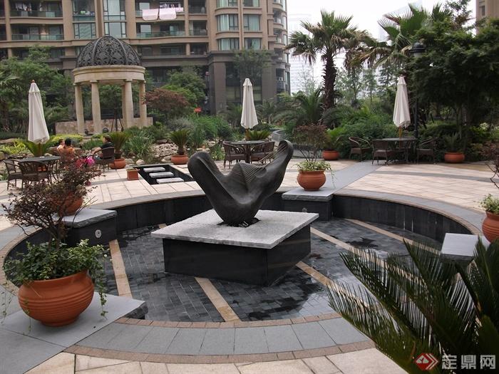 现代住宅景观规划设计图-水池雕塑花钵植物桌椅园亭-设计师图库