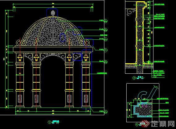 法式圆顶景观凉亭详图,图纸包括立面图,平面图,顶平面,节点大样图