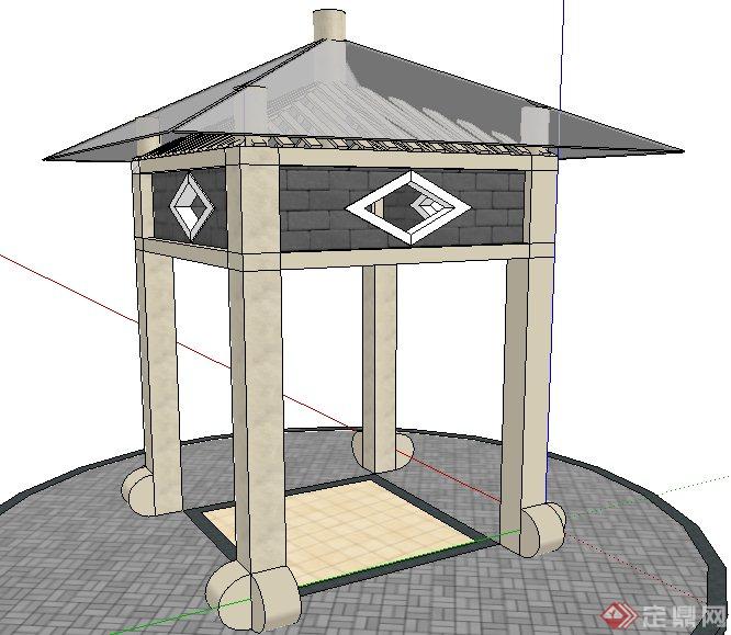 某现代中式四角方亭su模型