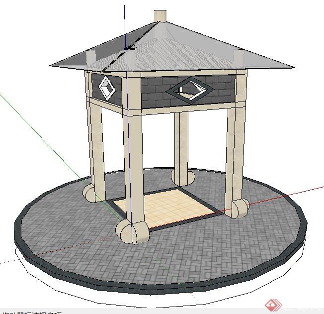 某现代中式四角方亭su模型