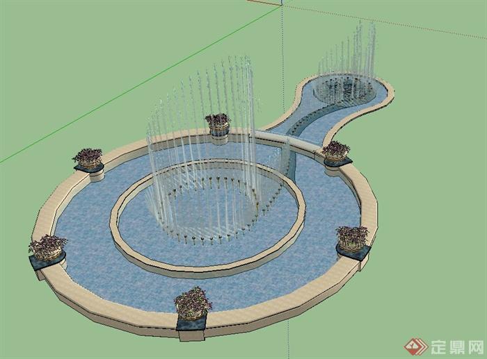 园林葫芦形水池喷泉景观设计su模型