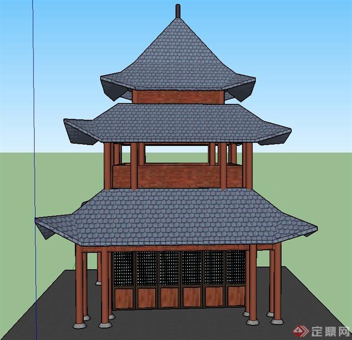 古典中式三层塔楼建筑设计su模型