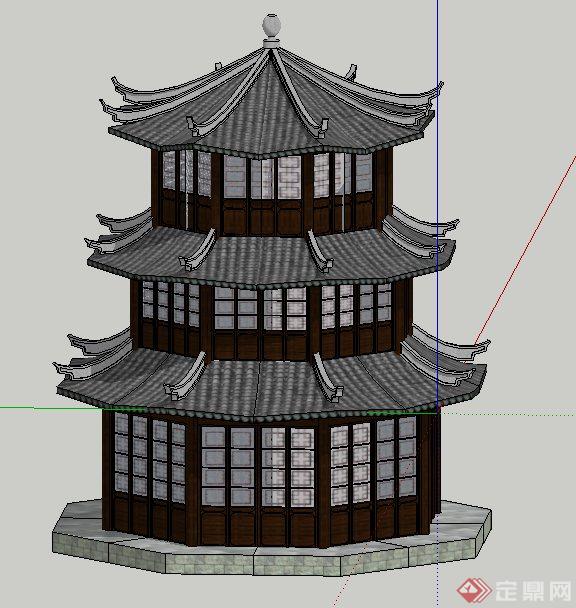 建筑观景塔钟塔中式风格三层八角塔楼设计su模型,素材模型制作细致