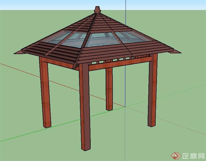园林景观木制玻璃四角亭设计su模型