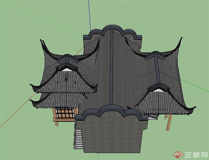 某古典中式单层翘檐屋顶戏台建筑设计su模型