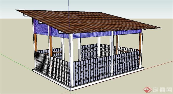 某方形木质坡屋面凉亭茶室设计su模型