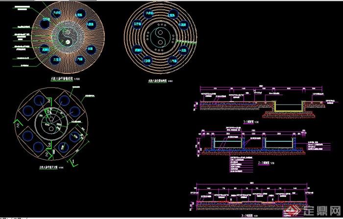 construction plans 太极形水池设计cad施工图,包含了平面图,铺装图