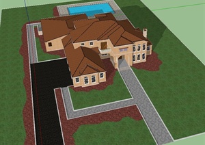 某欧式别墅建筑设计SU(草图大师)模型（带景观）