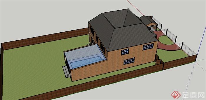 某现代风格两层住宅建筑带庭院设计方案SU模型(2)