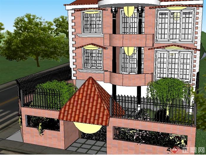 某欧式独栋别墅住宅建筑设计SU模型（带庭院景观）(3)