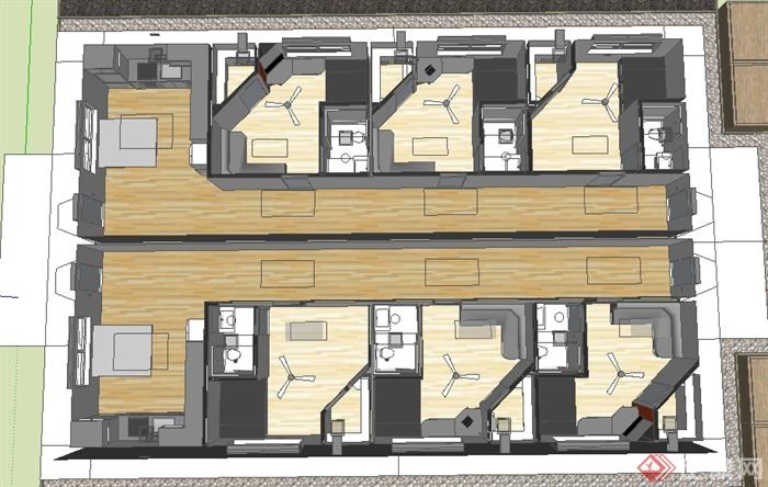 某现代单层员工宿舍建筑设计SU模型（带室内）(2)