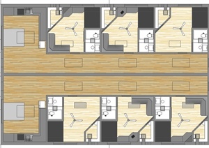 某现代单层员工宿舍建筑设计SU(草图大师)模型（带室内）