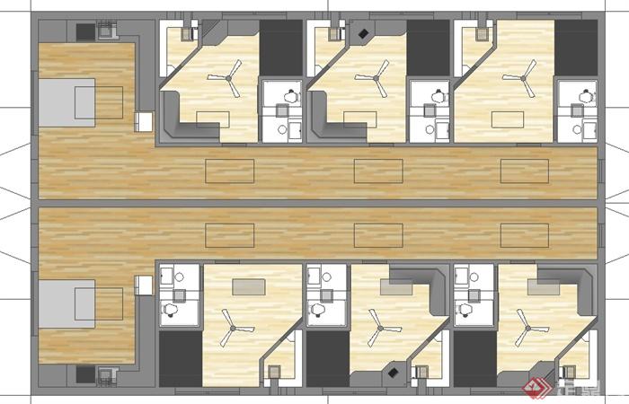 某现代单层员工宿舍建筑设计SU模型（带室内）(3)