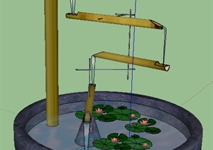 某园林景观节点小竹跌水景观水池SU(草图大师)模型