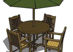 某园林景观柚木桌椅、遮阳伞组合SU(草图大师)模型