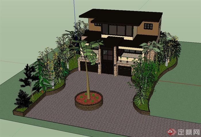 某日式别墅建筑设计SU模型（带景观）(1)
