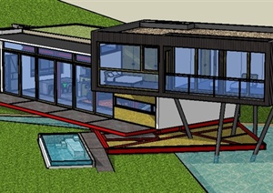 某现代流水住宅建筑设计SU(草图大师)模型（带室内）