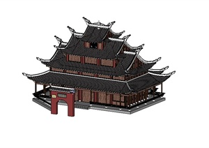 某旅游景区财神庙建筑设计SU(草图大师)模型
