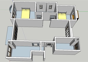 某三室一厅户型设计方案SU(草图大师)模型