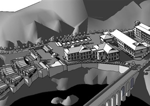 某现代中式临河城镇景观规划设计SU(草图大师)模型