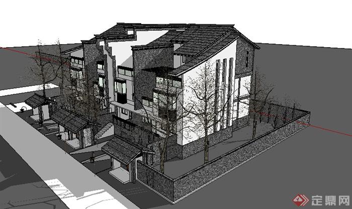 现代中式风格三层住宅别墅建筑设计su模型(2)