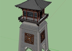 某中式塔楼建筑设计SU(草图大师)模型