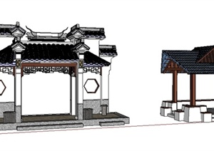 两个古典中式牌坊、亭子SU(草图大师)精致模型