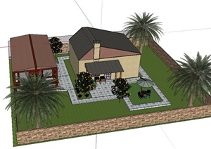 某私家别墅建筑设计SU(草图大师)模型（带庭院布置）