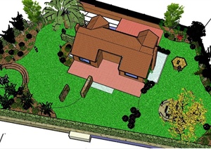 某现代一层私家住宅庭院景观设计SU(草图大师)模型