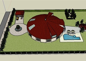 某私家别墅建筑设计SU(草图大师)模型（带庭院设计）