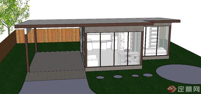 某现代小型居住屋建筑设计SU模型（带室内）(1)