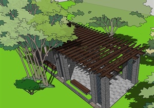 某园林景观节点青砖木制廊架SU(草图大师)模型
