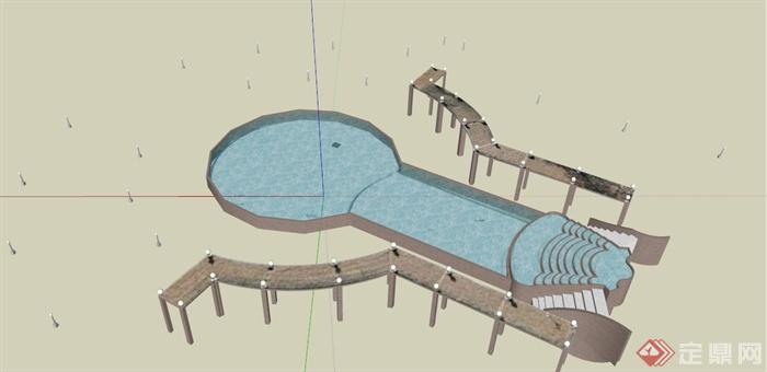 水池、旱喷和木制栈道组合景观设计SU模型(1)
