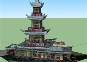 某中式风格塔楼餐馆建筑设计SU(草图大师)模型