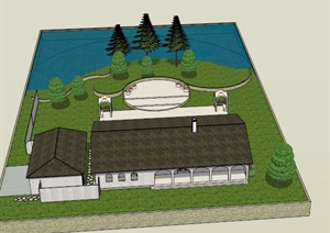 某欧式一层住宅建筑后院景观设计SU(草图大师)模型