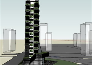 某现代高层办公楼设计SU(草图大师)模型和一个一层楼平面设计CAD图
