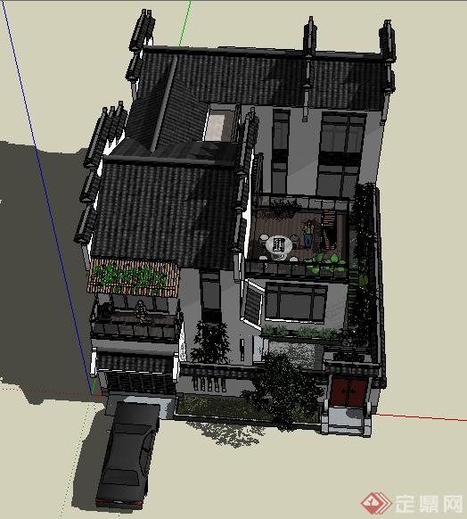 某徽派中式风格别墅建筑设计su模型(2)