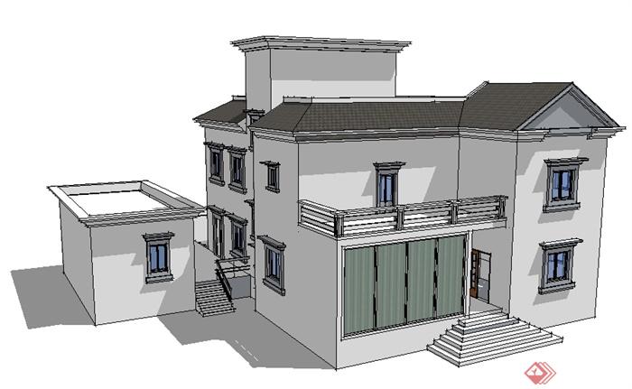 某地现代中式风格别墅建筑设计su模型(1)