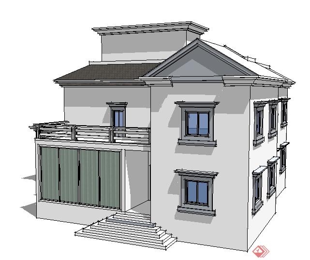 某地现代中式风格别墅建筑设计su模型(2)