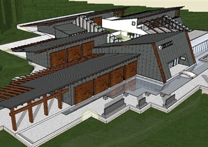 徐州某现代中式博物馆建筑设计SU(草图大师)模型