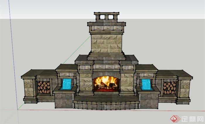 某大型带水景的双层壁炉设计SU模型(1)