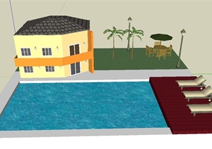 某现代别墅建筑设计SU(草图大师)模型（带泳池）